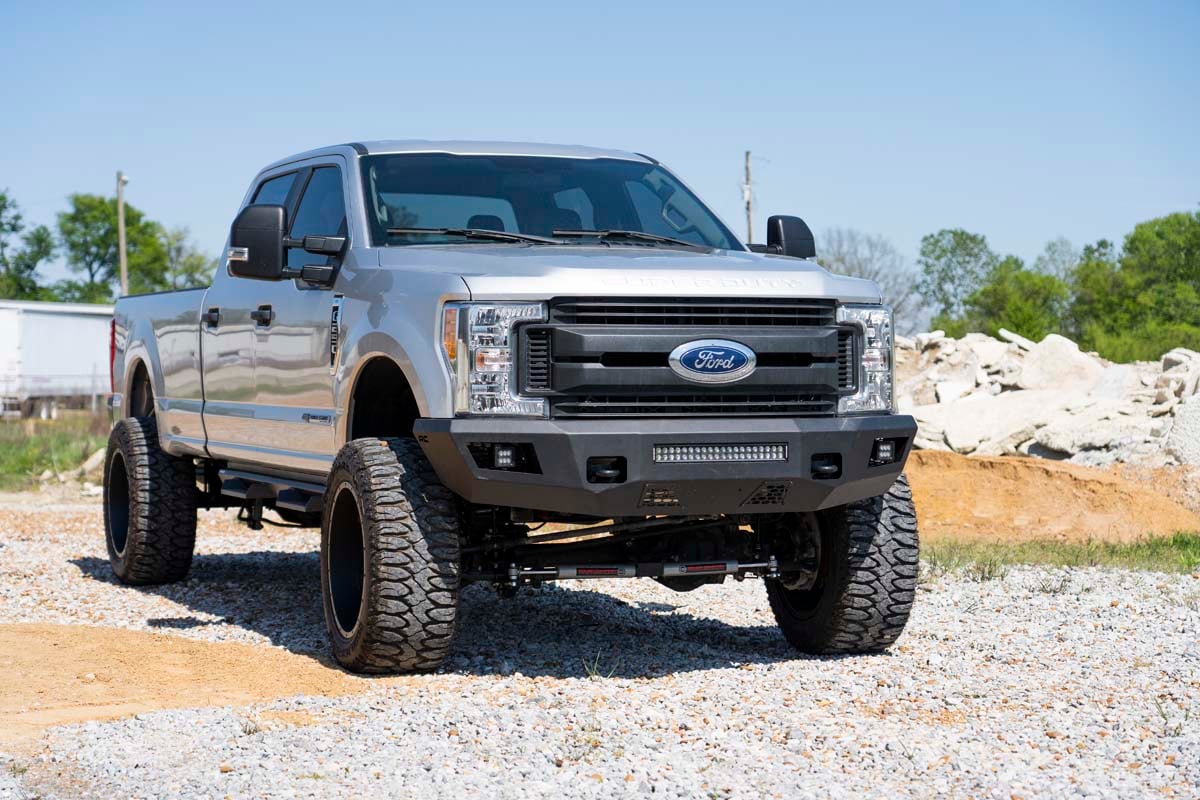 Ford F-250 Super Duty Front Bumper - Rough Country - LED Bumper with Cube and Light Bar - Flat Black - '17-'22